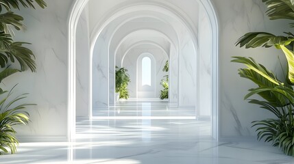 Fototapeta premium A serene, white marble corridor with an arched ceiling and a perfectly aligned white frame.
