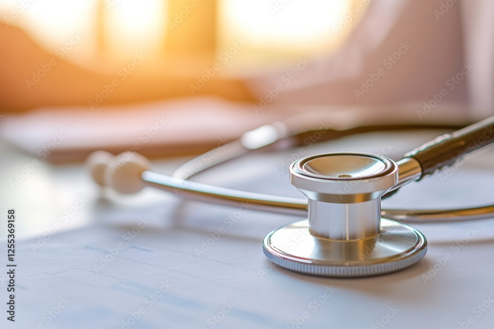 Aufkleber mid-century medical desk display chrome stethoscope and graphs on sleek surface - healthcare documen