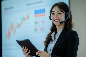 A woman wearing a headset and holding a tablet, presenting financial data on a screen in a conference room with a bar graph on a whiteboard background.
