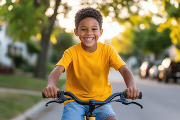Obraz premium happy little boy riding cycle at park