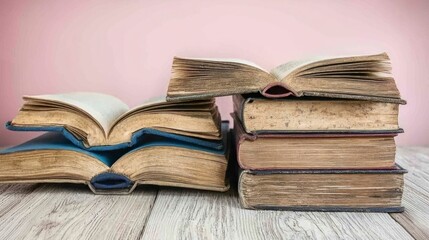 Fototapeta premium Aged Books Stacked on Wooden Table Against Pink Background