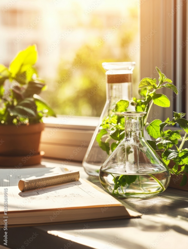 Poster sunlit botanical workspace glass beakers with greenery in modern home office - eco-friendly aestheti