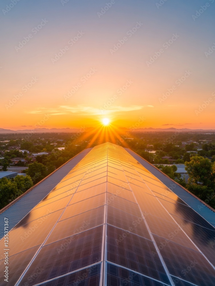 Poster geometric solar array horizon reflective panels in sunset sky - clean energy content and sustainable