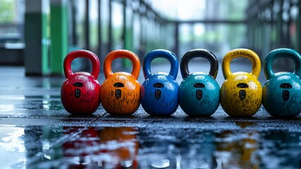 Colorful kettlebells in a row, gym background, fitness and workout concept, ideal for training, exercise, weightlifting, health and wellness videos, perfect for sports promotions, social media.