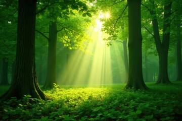 Obraz premium Soft sunlight filtering through a forest canopy, calm, serenity, greenery