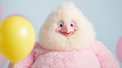 Fluffy pink chicken holding a yellow balloon against a pastel background