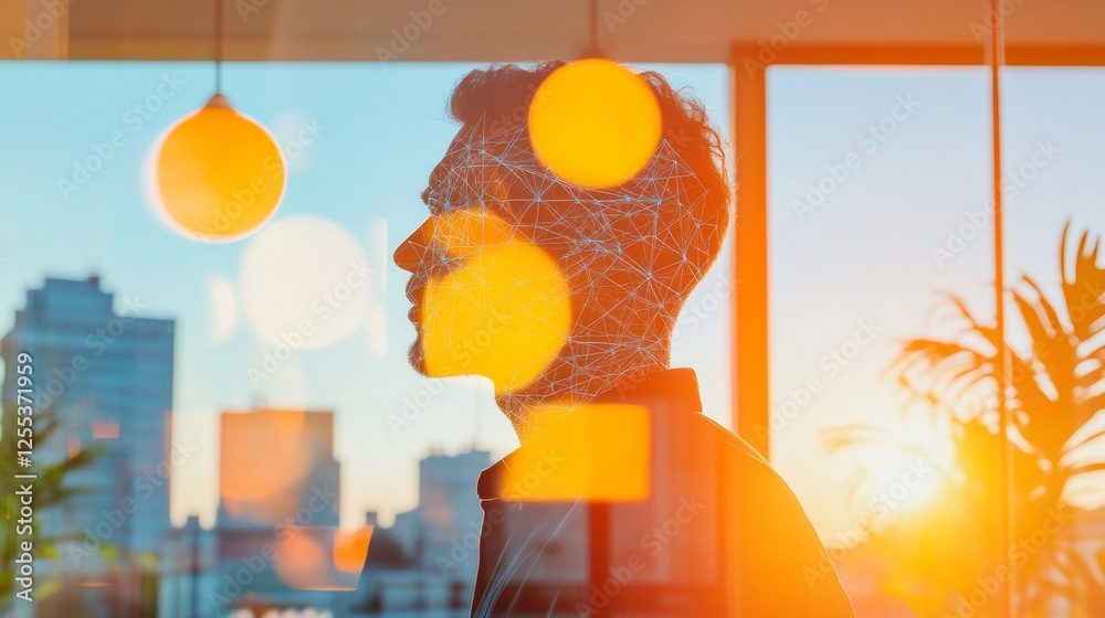 Aufkleber futuristic hybrid meetings digital network overlay in modern office - ai-driven solutions for enhanc