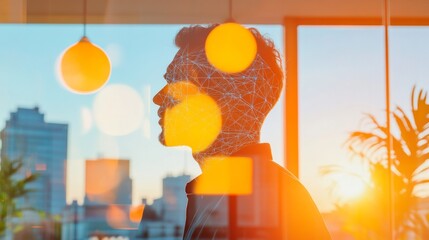 Futuristic Hybrid Meetings Digital Network Overlay in Modern Office - AI-Driven Solutions for Enhanced Corporate Collaboration and Remote Business Communication