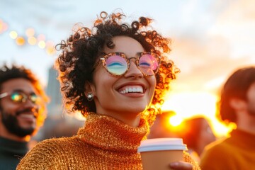 Vibrant Urban Coffee Culture Diverse Young Professionals with To-Go Cups Amidst Urban Skyline Capturing Workplace Connections and Dynamic Afternoon Light
