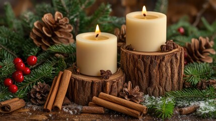 A festive holiday display of handmade candles, cinnamon sticks, and winter-themed wooden decor.