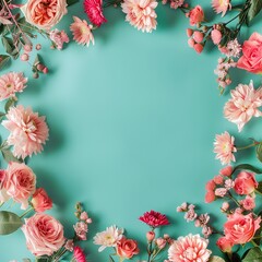 Spring or summer floral background featuring pink roses and chrysanthemums on a turquoise paper, arranged in a flat lay top view with a pattern frame. Perfect for spring concepts, Women's Day themes, 