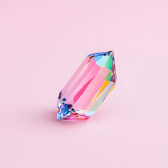 Bright reflective crystal, holographic diamond shape gem isolated on light pastel background