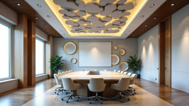 A modern conference room with an innovative design featuring acoustic panels on its ceiling.