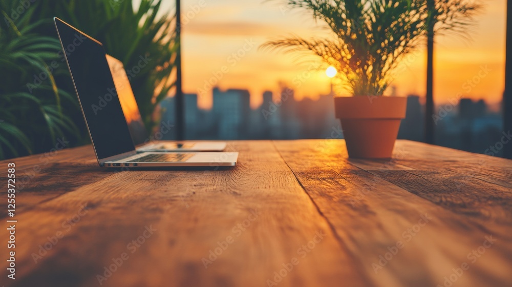 Aufkleber rustic minimalist workspace elegant wooden table with open laptops at sunset - modern corporate sett
