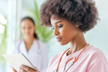Tech-Infused Healthcare Vibe Interactive Patient Questionnaire on Tablet - Clinic Efficiency and Modern Patient Experience with Friendly Medical Staff