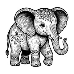 baby elephant adorned with traditional ornamental patterns, inspired by cultural and artistic motifs from India and Asia sketch engraving generative ai PNG. Scratch board. Black and white image.
