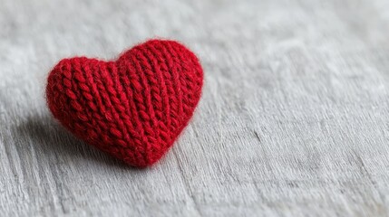Fototapeta premium Red knitted heart lies on a rustic grey wooden surface in soft natural light.