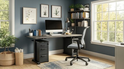 A home office with a standing desk, ergonomic chair, and organized workspace essentials.