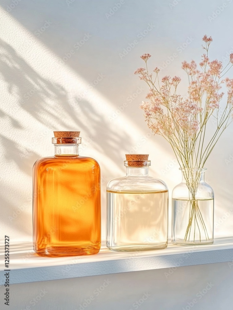 Poster minimalist glassware display symmetrical corked bottles with delicate flowers on sunlit shelf - luxu