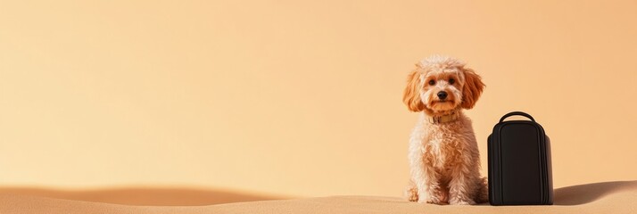 Luxurious Pet Lifestyle Fluffy Puppy with Sleek Black Carrier on Sandy Canvas - Upscale Adoption Campaigns and Fashion-Forward Marketing