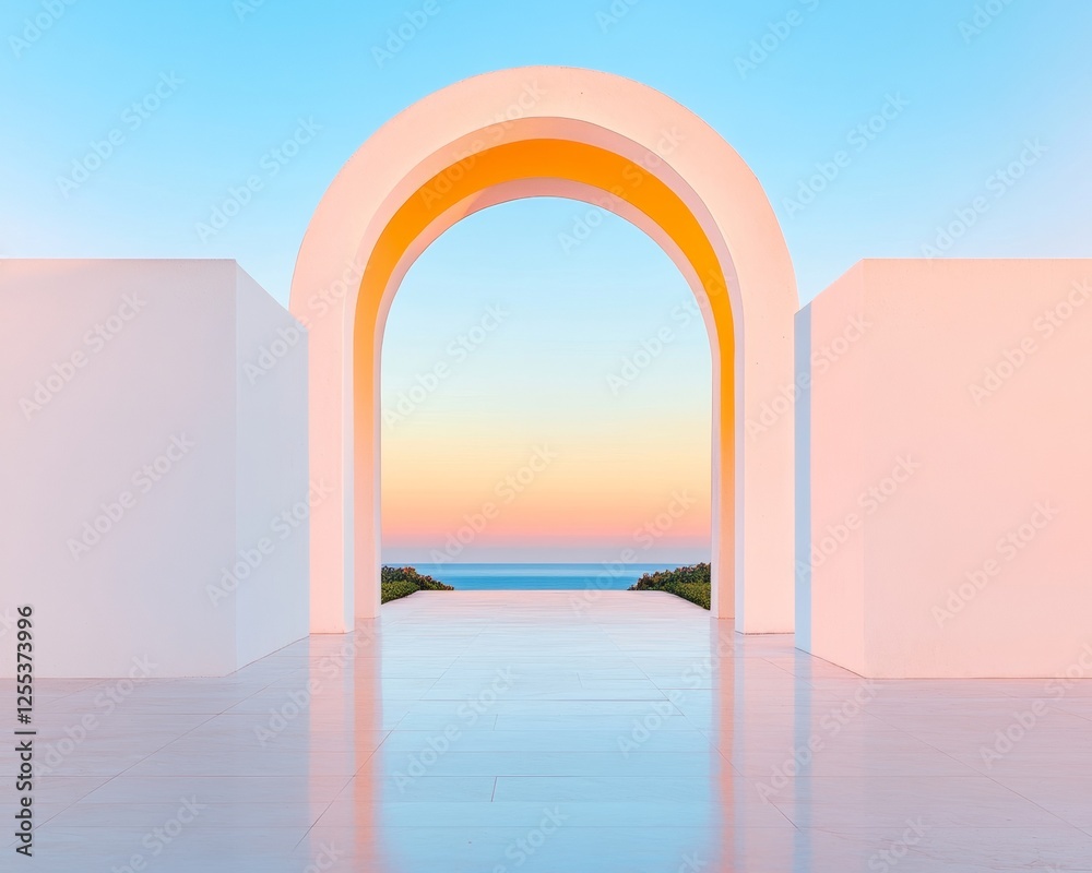 Poster minimalist courtyard architecture white arches and columns with lush greenery and sky backdrop - mod