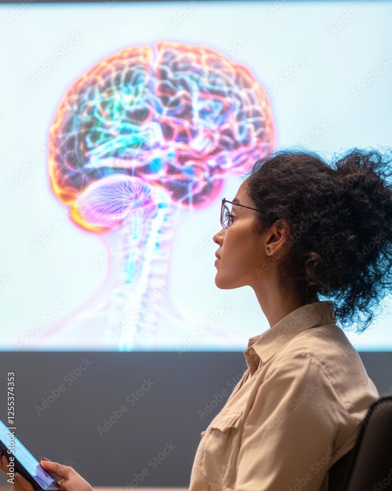 Poster AI-Driven Smart Classrooms Hispanic Female Educator with Digital Tablet in High-Tech Lecture Hall - Modern Education Solutions and Academic Innovation