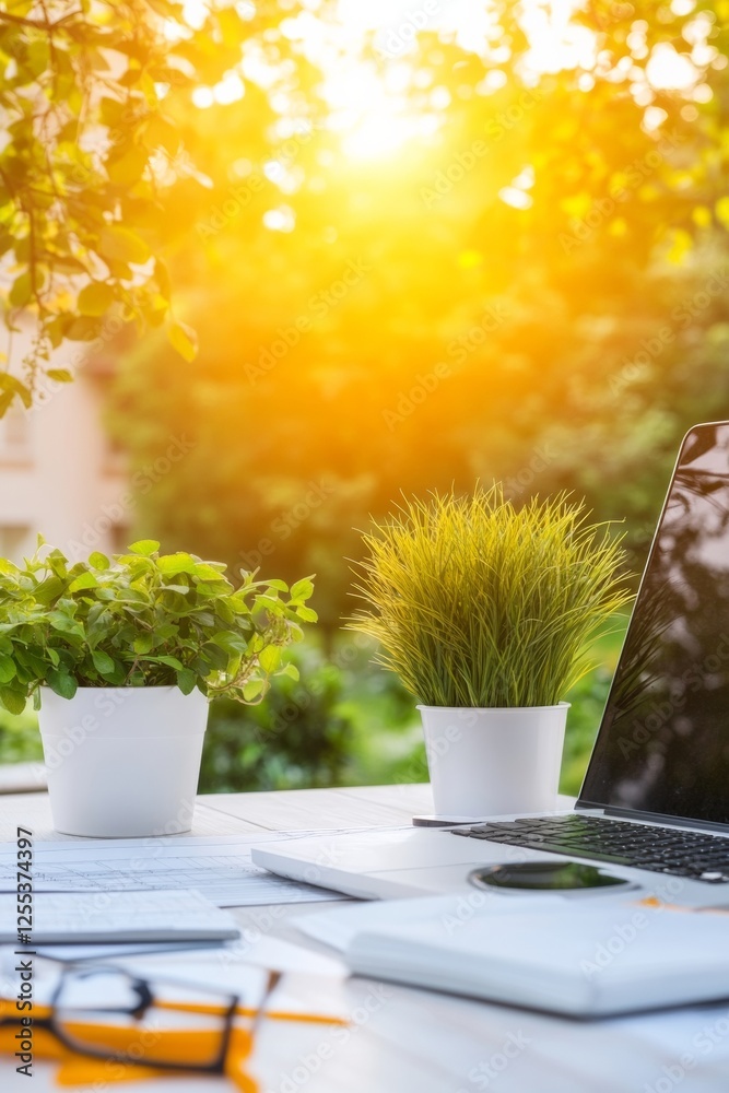 Aufkleber scandinavian workspace aesthetic sunlit greenery with laptop and notebooks - eco-friendly office des