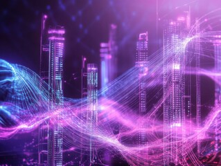 Obraz premium A vibrant, futuristic cityscape with glowing skyscrapers and swirling neon lights, symbolizing advanced technology and digital innovation.