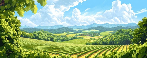 Fototapeta premium Sunny countryside landscape with vibrant vineyards and rolling hills