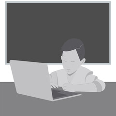 Boy with laptop sitting at desk against blackboard background in grayscale. Online study design idea