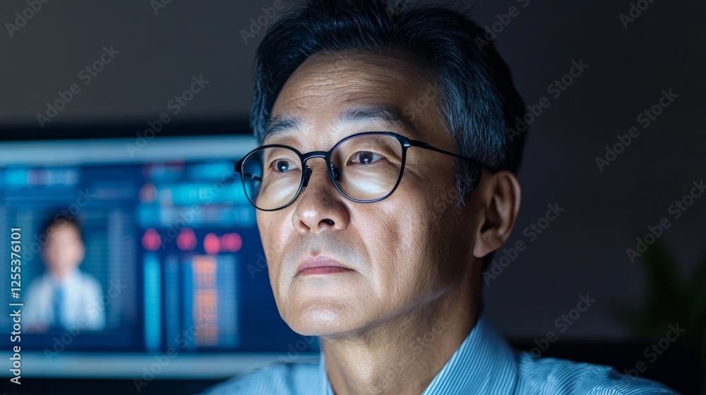 Poster Streamlined Financial Analysis for Korean Executives Precision in a Digital Workspace with LED Lighting, Promoting Modern Professionalism and Work-Life Harmony