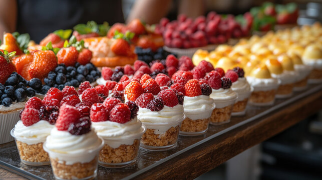 Dessert buffet featuring mousse cups, layered parfaits, and mini tarts