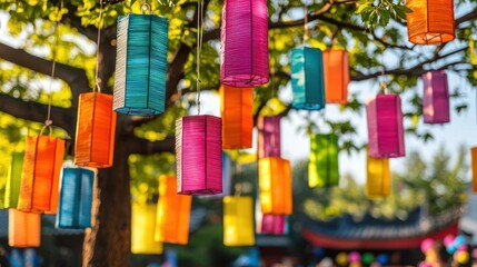 Colorful Hanging Lanterns In Garden Setting