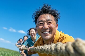Dynamic Outdoor Team-Building Retreat Diverse Professionals Engaging in Tug-of-War on Grassy Field - Workplace Collaboration and Wellness Activity Content for Modern Leadership Programs