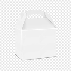 Square gable box isolated on transparent background. 3d mockup. White blank cube carton packaging. Realistic vector mock-up. Cardboard gift food bag with handle. Template for design