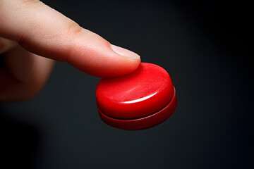 Close-up finger pressing a big red button, dark background