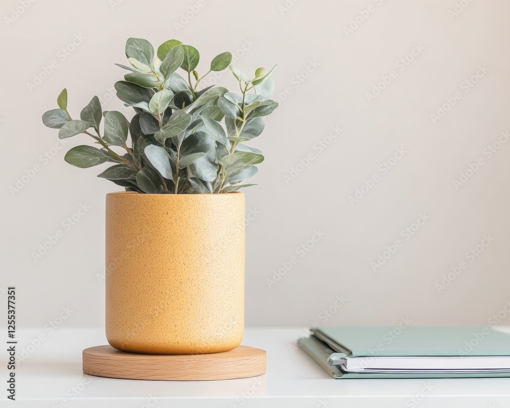 Poster scandinavian home office design minimalist workspace with eucalyptus in ceramic pot for eco-friendly