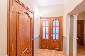 standard room interior apartment. room doors, renovation corridor lobby entrance hall