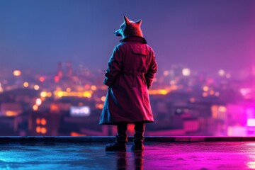 Obraz premium Mysterious wolf in trench coat gazes over city skyline at night with dramatic lighting