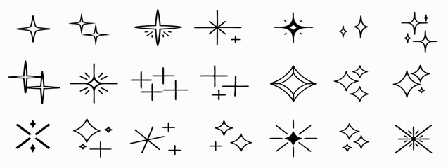 30 Minimalist Hand-Drawn Sparkle Icons: Elegant Black Line Art for Web & App Design.