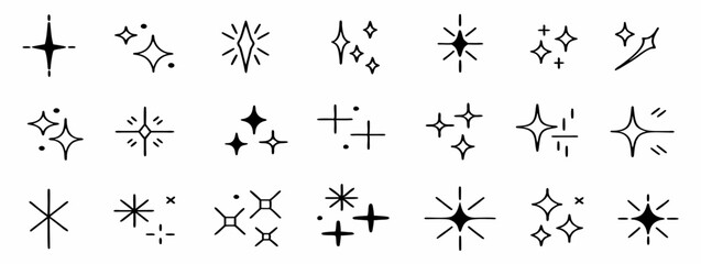 24 Minimalist Hand-Drawn Sparkle Icons: Celestial, Shiny, Starburst.