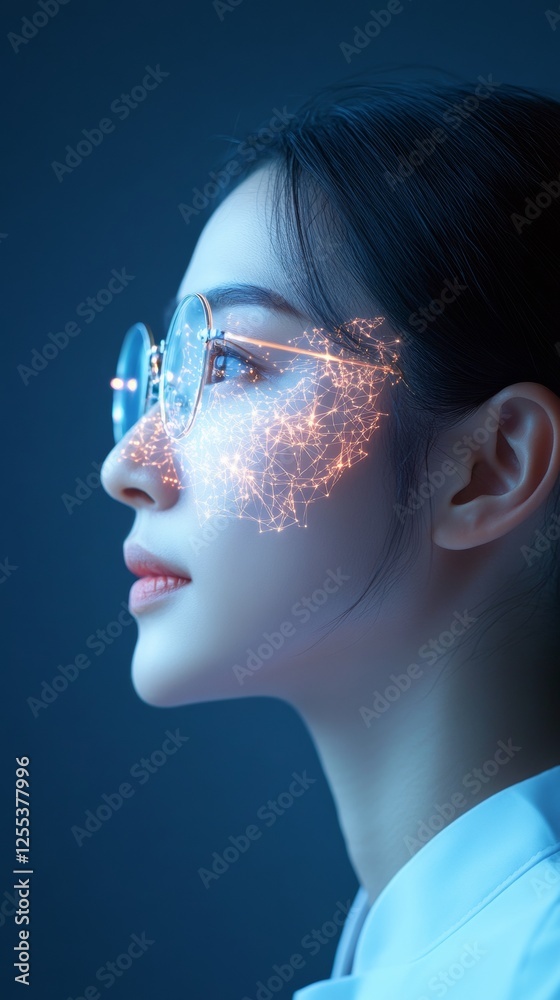 Poster futuristic healthcare insights asian woman analyzing data visualization with digital face mapping fo