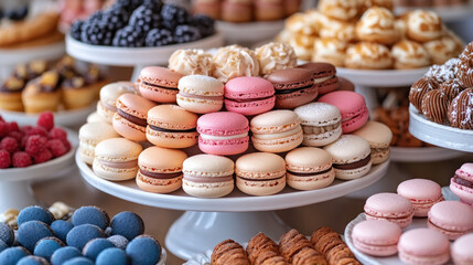 Dessert spread featuring colorful macarons, clairs, and petit fours on tiered trays