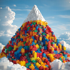 Colorful mountain made from building blocks under a blue sky with clouds. Generative AI