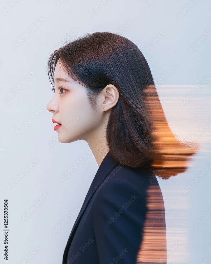 Aufkleber dynamic hybrid workspaces korean businesswoman in motion - navy suit and tech interaction for innova