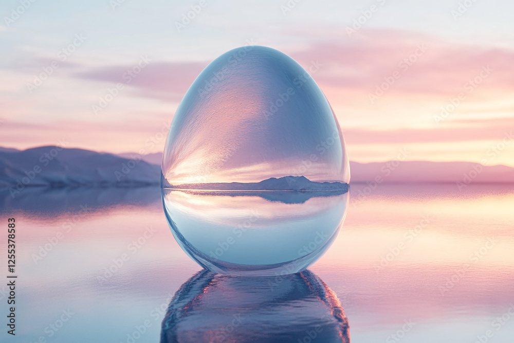 Poster a water droplet reflecting soft pastel hues of the sky and water, symbolizing tranquility and purity