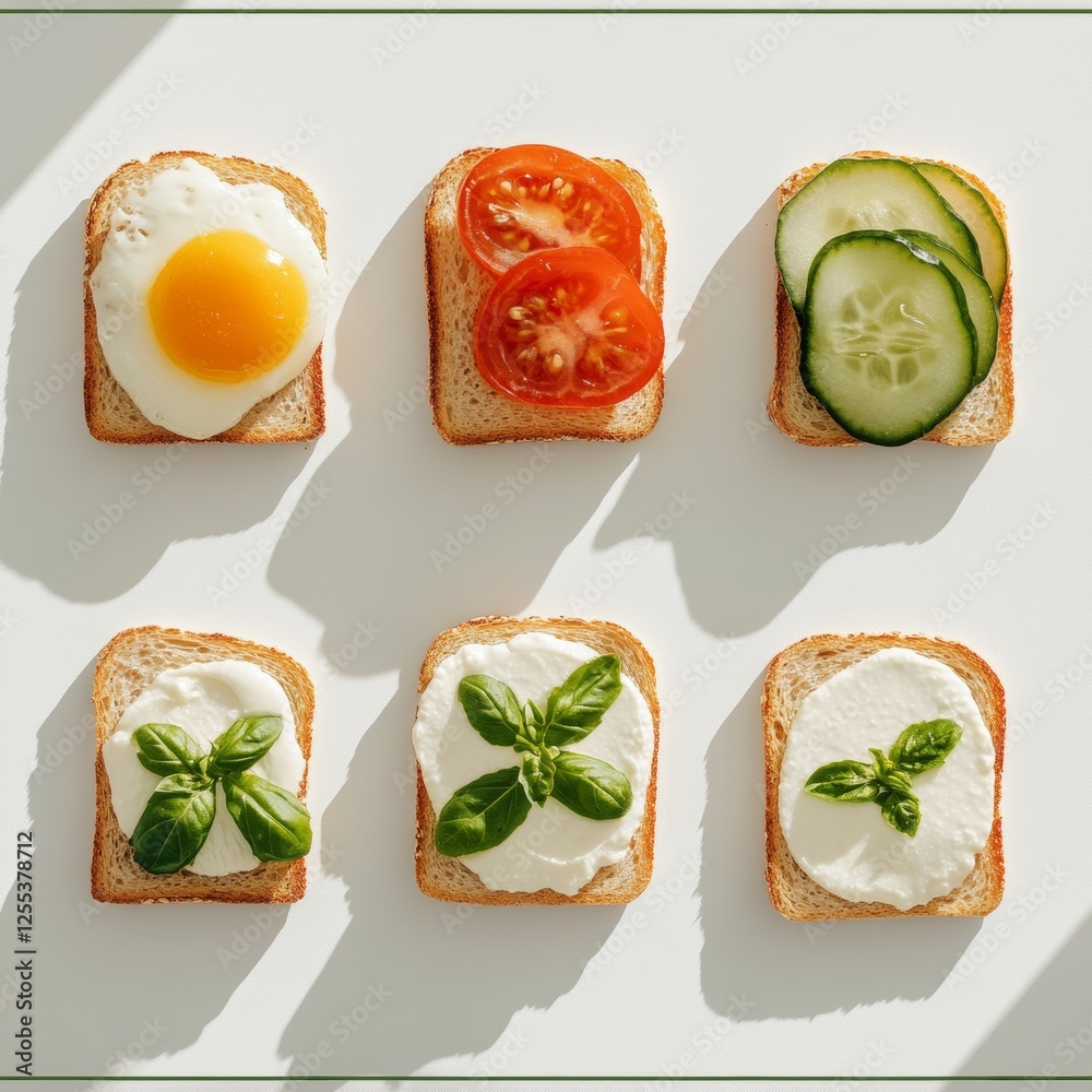Poster minimalist snack display crisp toast with fresh toppings on white surface - culinary content and hea