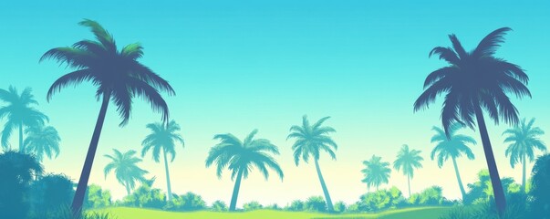 Sunlit tropical palm trees in lush green landscape under clear blue sky