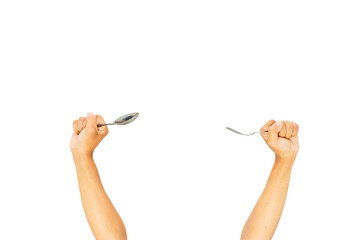 Arms aloft holding a fork and spoon, celebrating mealtime on white background