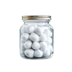 A clear glass jar filled with round cotton balls, Isolated on white background.